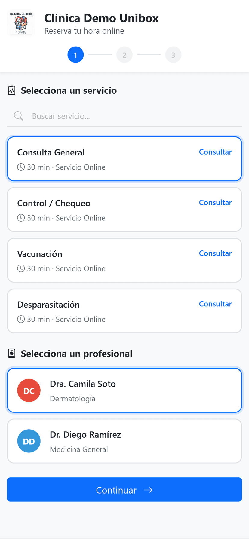 Selección de servicio y profesional