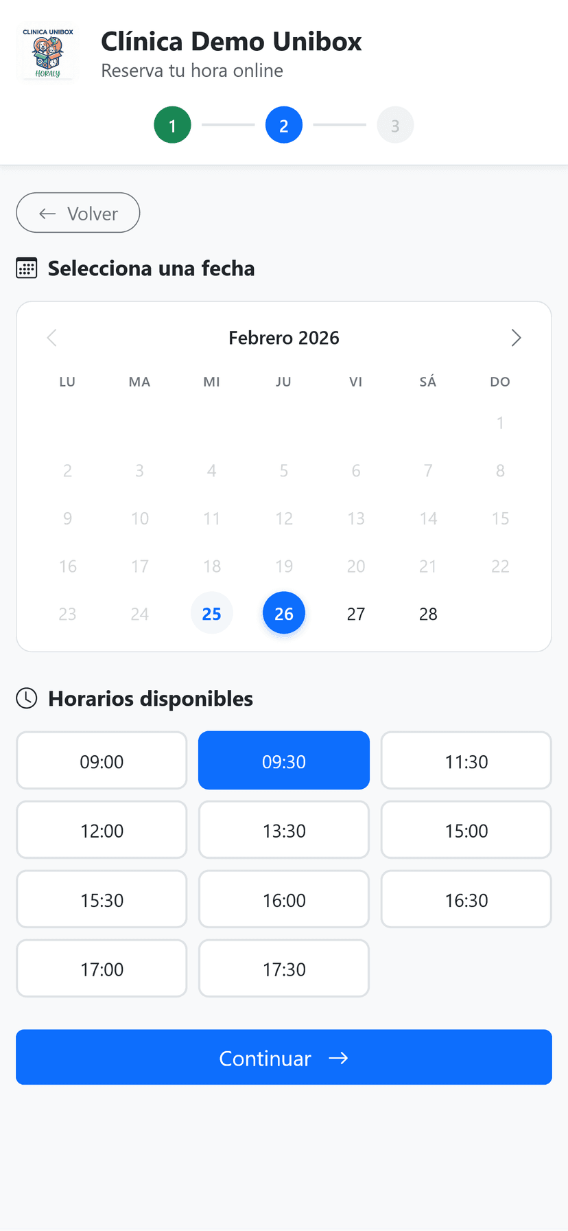 Calendario con horarios disponibles