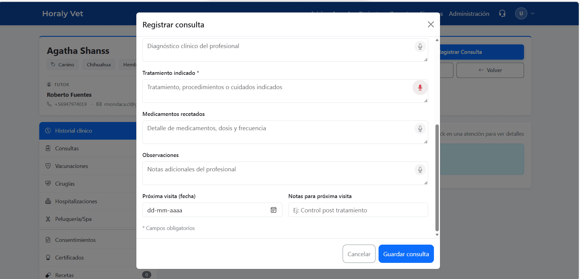 Dictado por voz activo en ficha clínica veterinaria