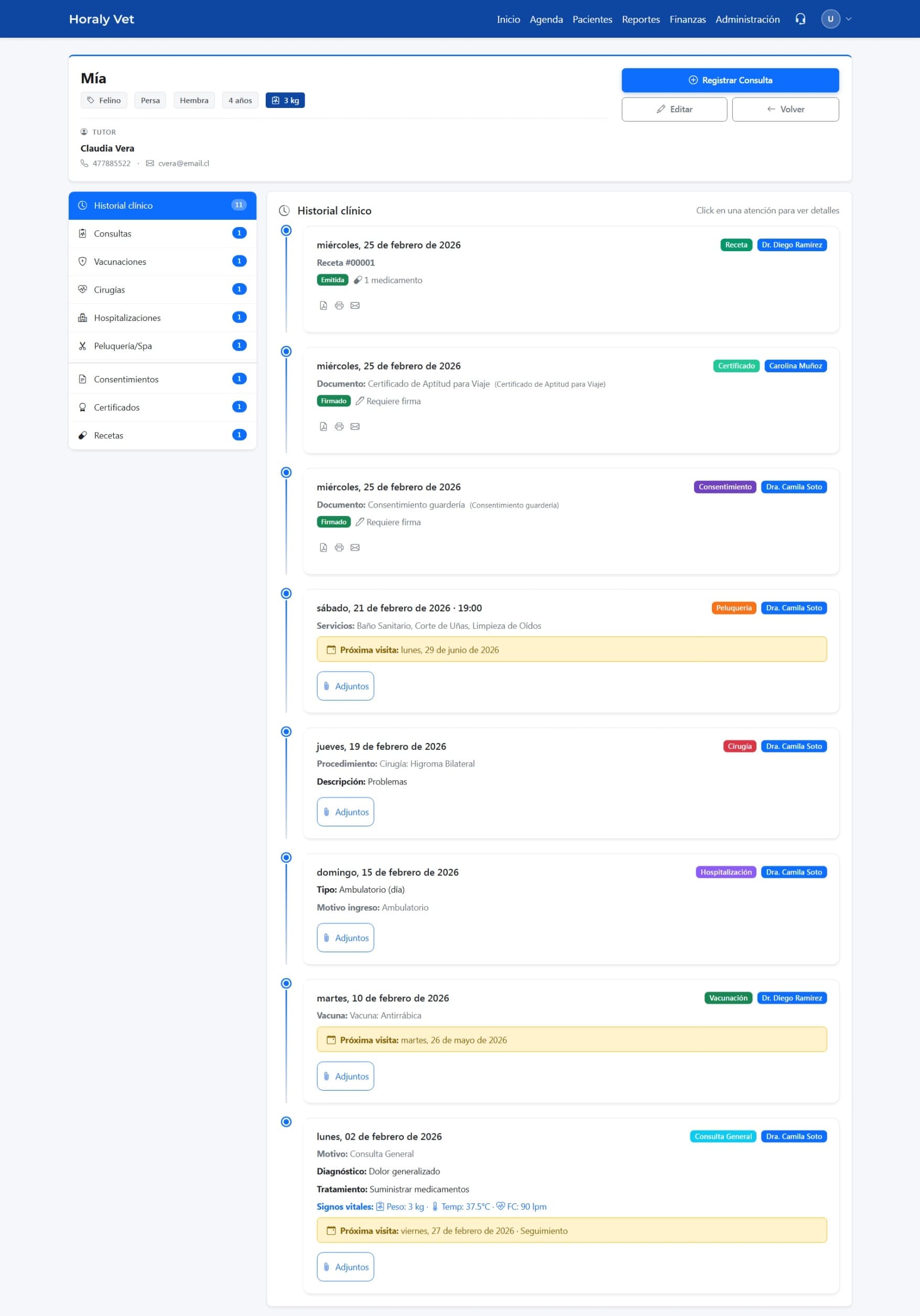 Ficha clínica con documentos generados