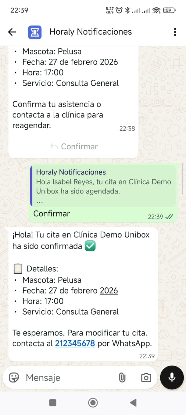 Cita confirmada por WhatsApp