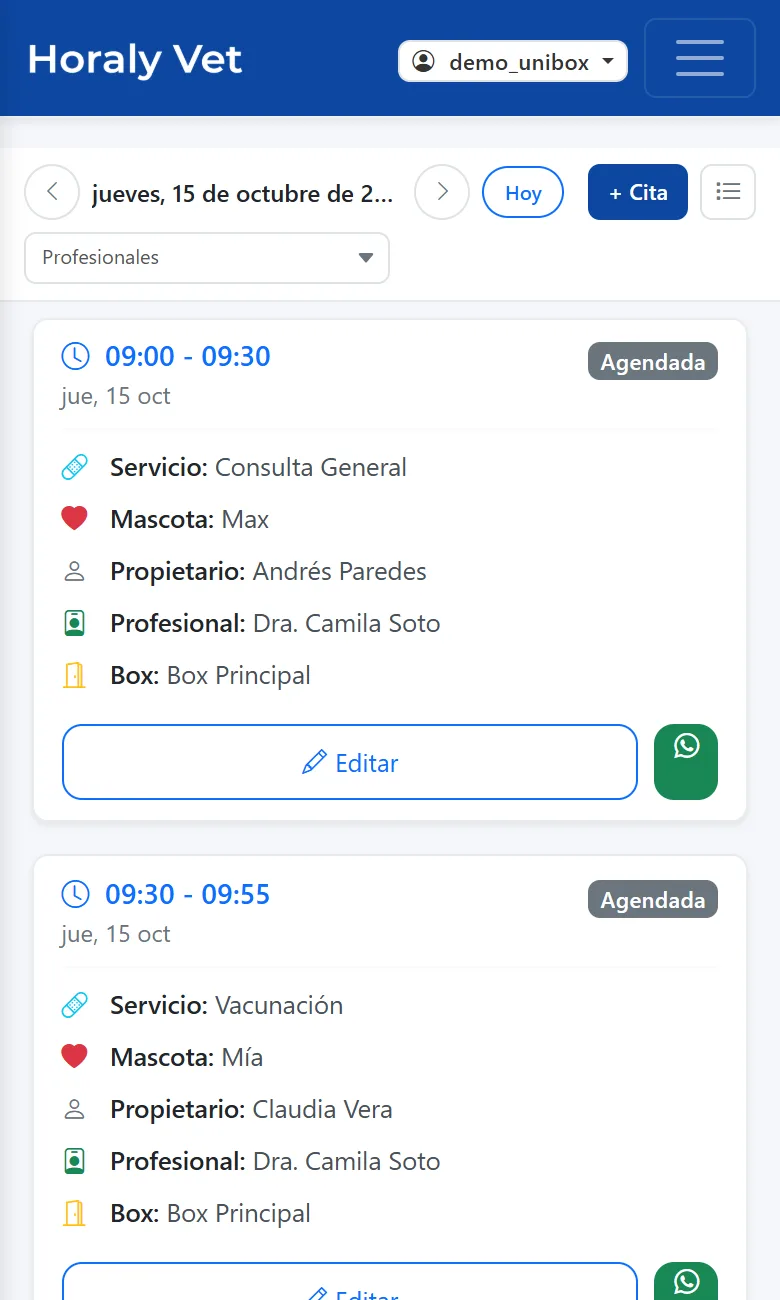 La agenda del día en el celular: cada cita con su servicio, mascota, tutor, profesional y box.