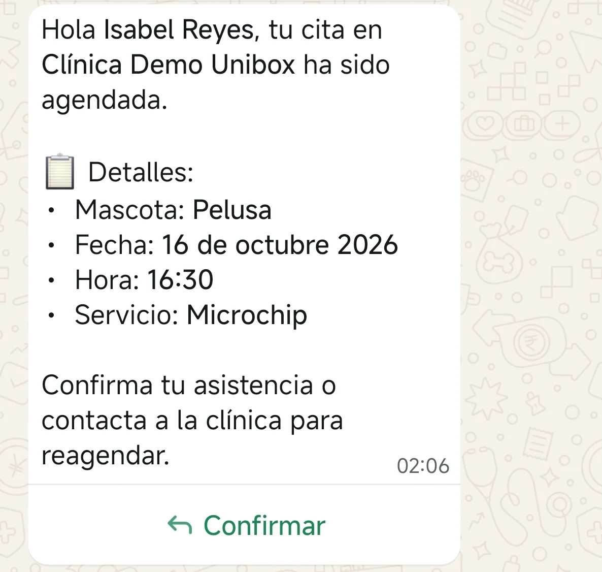 Mensaje de WhatsApp que avisa al tutor que su cita fue agendada, con sus detalles y el botón Confirmar.