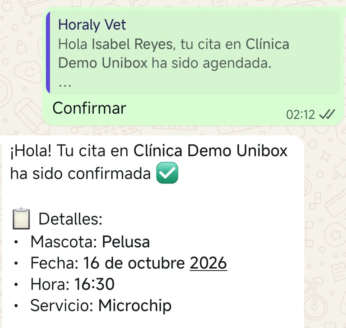 El tutor toca Confirmar y recibe por WhatsApp la confirmación de su cita, con sus detalles.