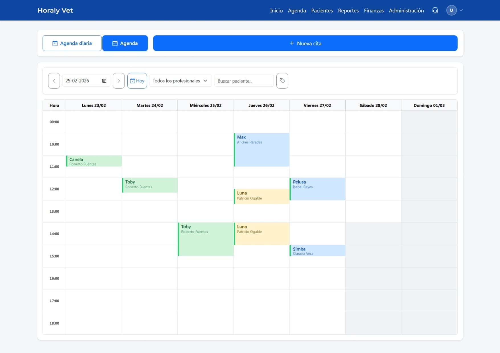 Agenda semanal Horaly Vet con citas por profesional