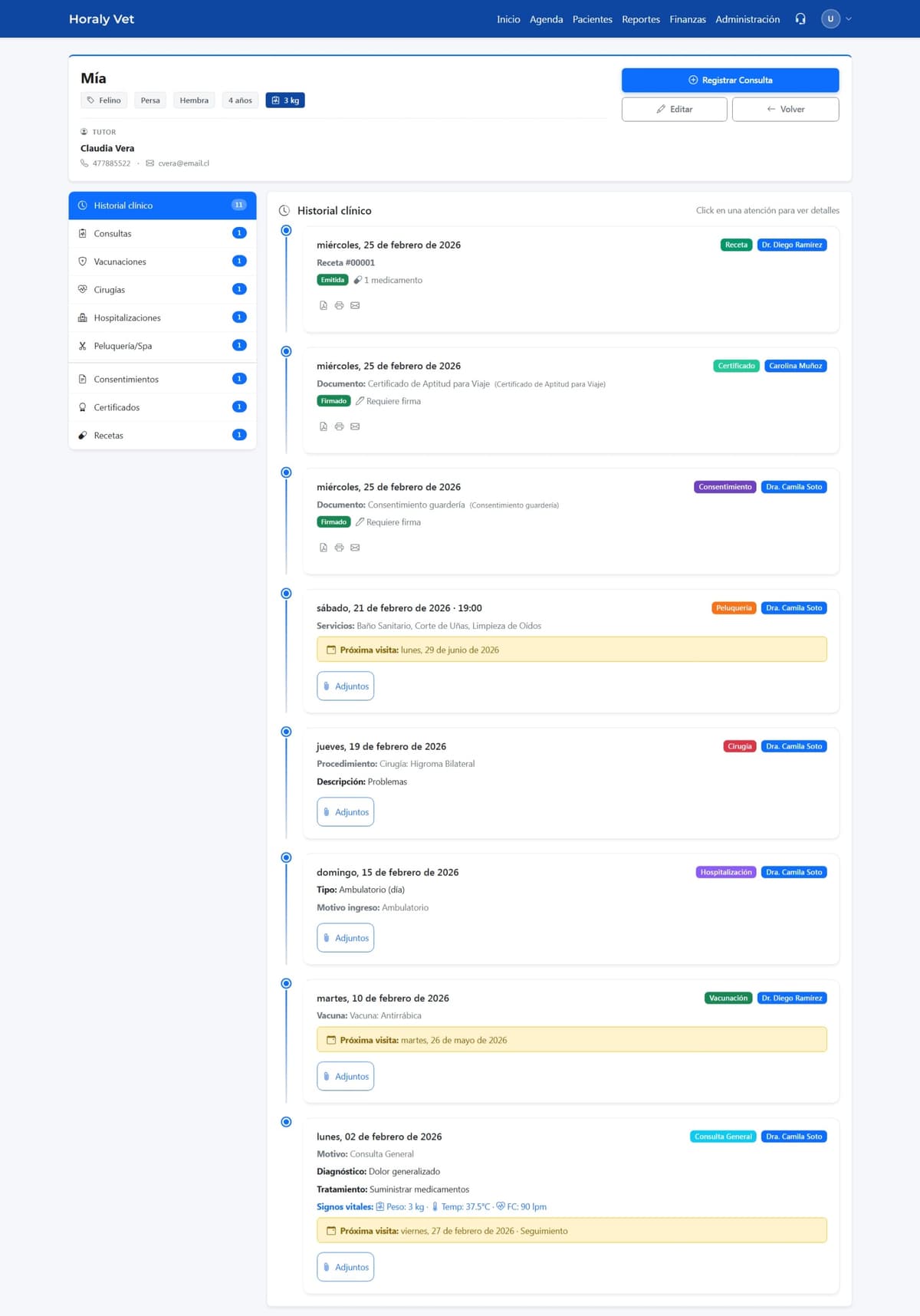 Ficha clínica con timeline