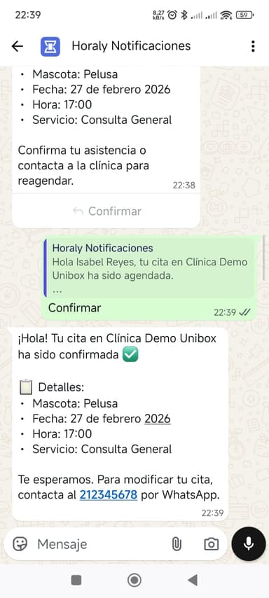 Cita confirmada por WhatsApp