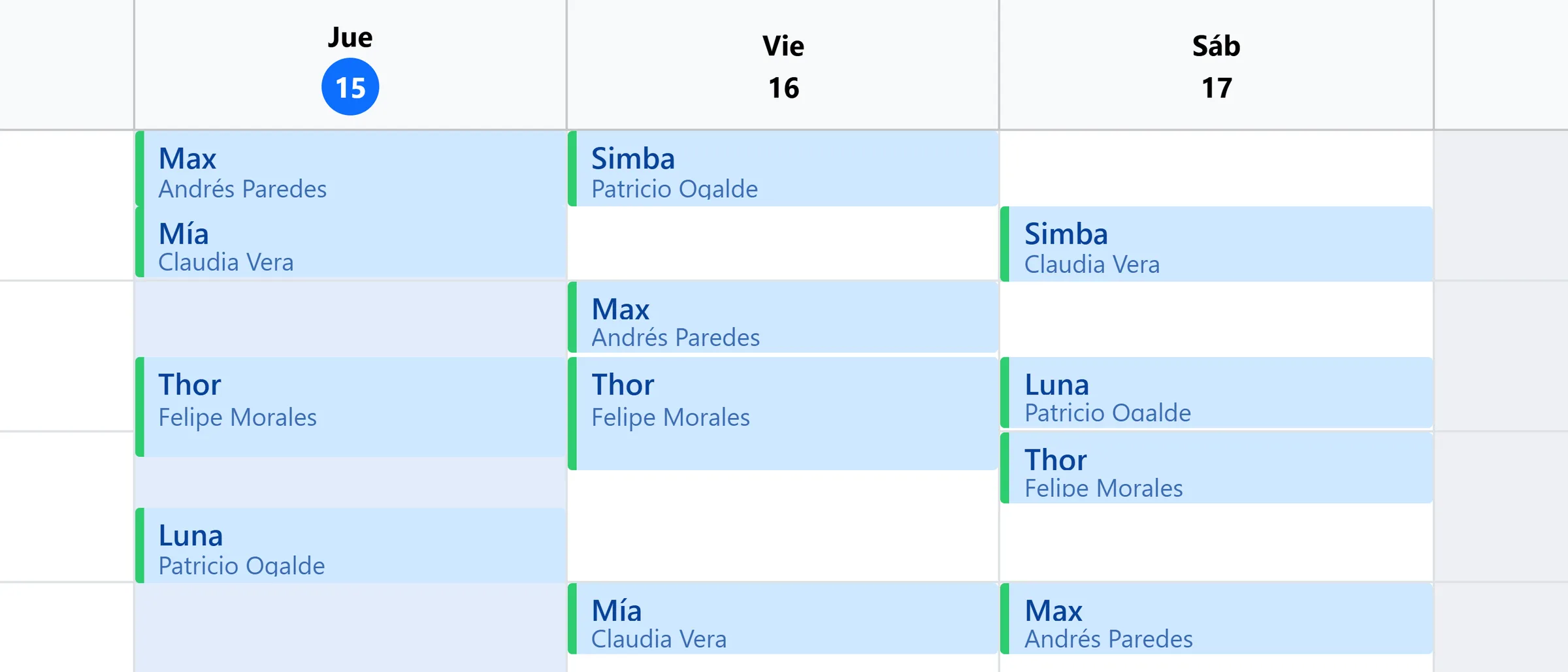 La agenda semanal de una clínica demo, de jueves a sábado: las citas de la mañana con el nombre del paciente y su tutor.