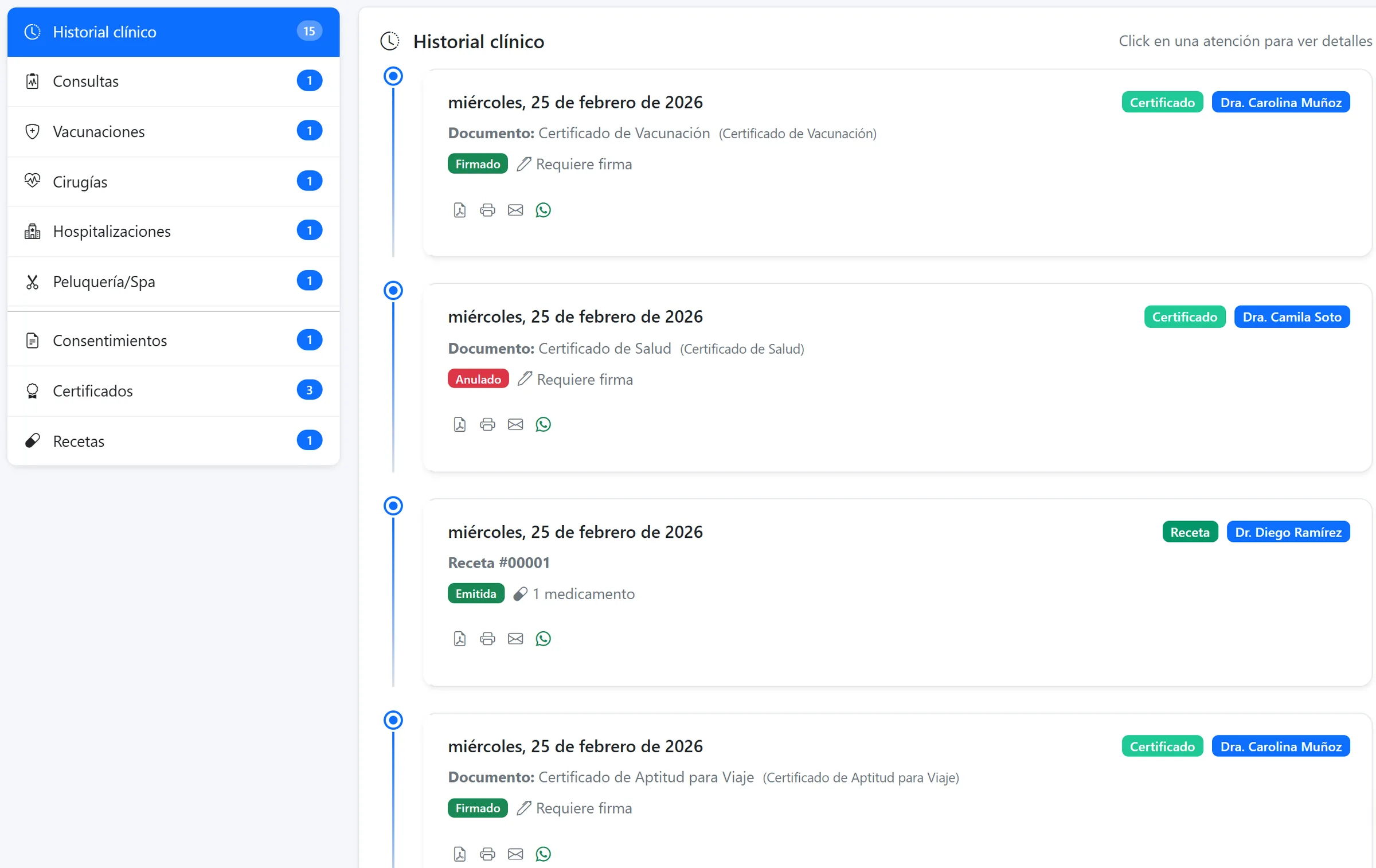 Ficha clínica de un paciente: el menú con consultas, vacunas, cirugías, hospitalizaciones, consentimientos, certificados y recetas, y su historial.